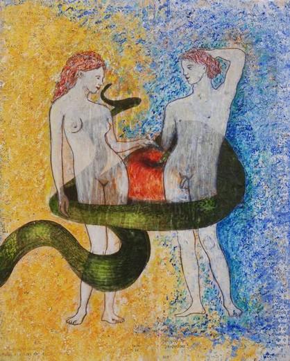 Kerstin Wüstenhöfer-Loges, Malerei, “Genesis (frei nach Ingres)“ , Mischtechnik auf Holz,50 cm x 40 cm