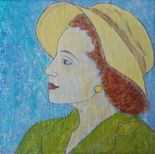 Kerstin Wüstenhöfer-Loges, Malerei, “Dame mit Hut“ , Mischtechnik auf Leinwand,30 cm x 30 cm