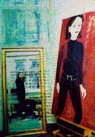 Kerstin Wüstenhöfer-Loges, Malerei, “Selbst im Atelier“ , Mischtechnik auf Holz,50 cm x 40 cm