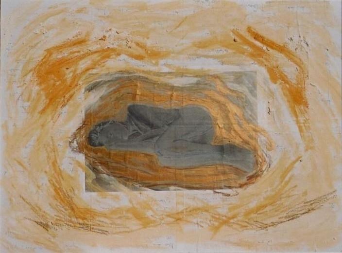 Kerstin Wüstenhöfer-Loges, Malerei, “Schlafend“ , Mischtechnik auf Holz,60 cm x 80 cm