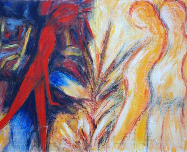 Kerstin Wüstenhöfer-Loges, Malerei, “Begegnung“ , Mischtechnik auf Holz,40 cm x 50 cm