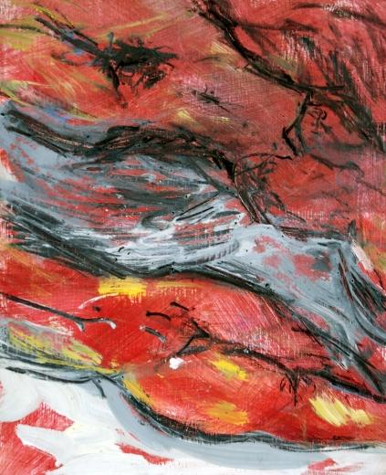 Kerstin Wüstenhöfer-Loges, Malerei, “Rote Akte“ , Mischtechnik auf Holz,55 cm x 45 cm