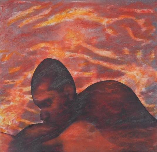 Kerstin Wüstenhöfer-Loges, Malerei, “Paar in Flammen“ , Mischtechnik auf Leinwand,20 cm x 20 cm