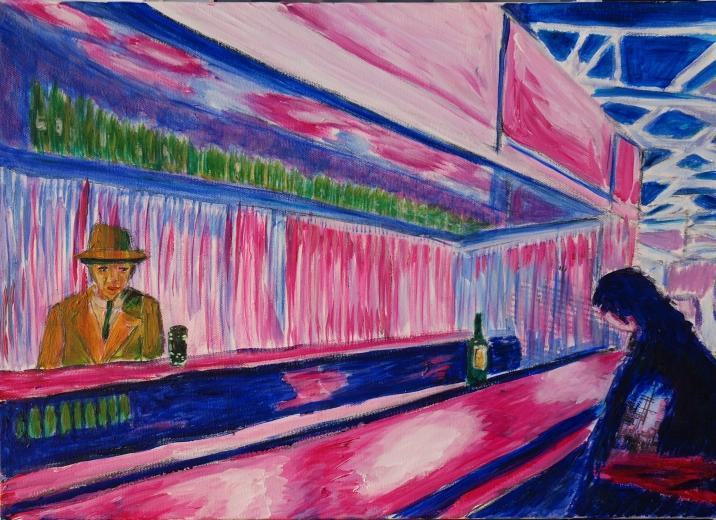 Kerstin Wüstenhöfer-Loges, Malerei, “Bar Tales“ , Mischtechnik auf Leinwand,50 cm x 70 cm