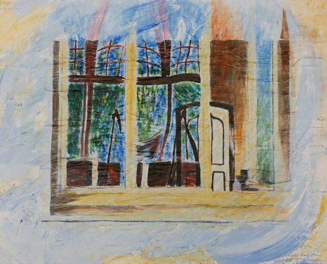 Kerstin Wüstenhöfer-Loges, Malerei, “Spiegelung im Atelier“ , Mischtechnik auf Holz,40 cm x 50 cm