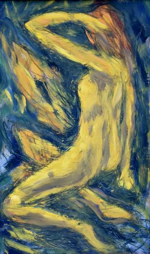 Kerstin Wüstenhöfer-Loges, Malerei, “Akt hockend“ , Tempera auf Pappe, gerahmt,105 cm x 65 cm